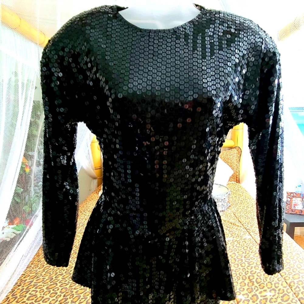 Vintage I. Magnin Black Sequin Evening Dress - Picture 3 of 12